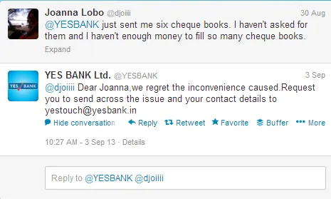 Yes bank twitter customer support