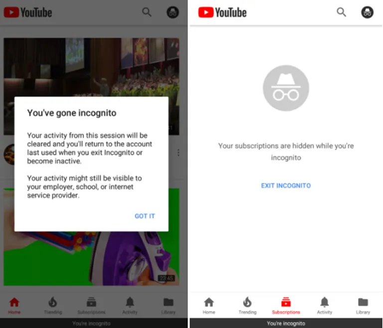 Incognito Mode on YouTube