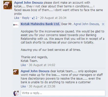 kotak mahindra bank facebook response