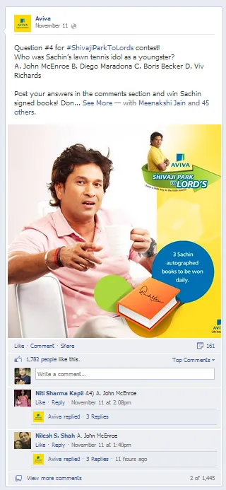 Aviva Sachin Tendulkar Facebook Post