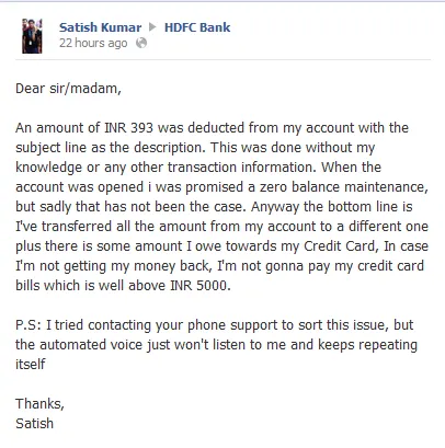 HDFC Bank Facebook post