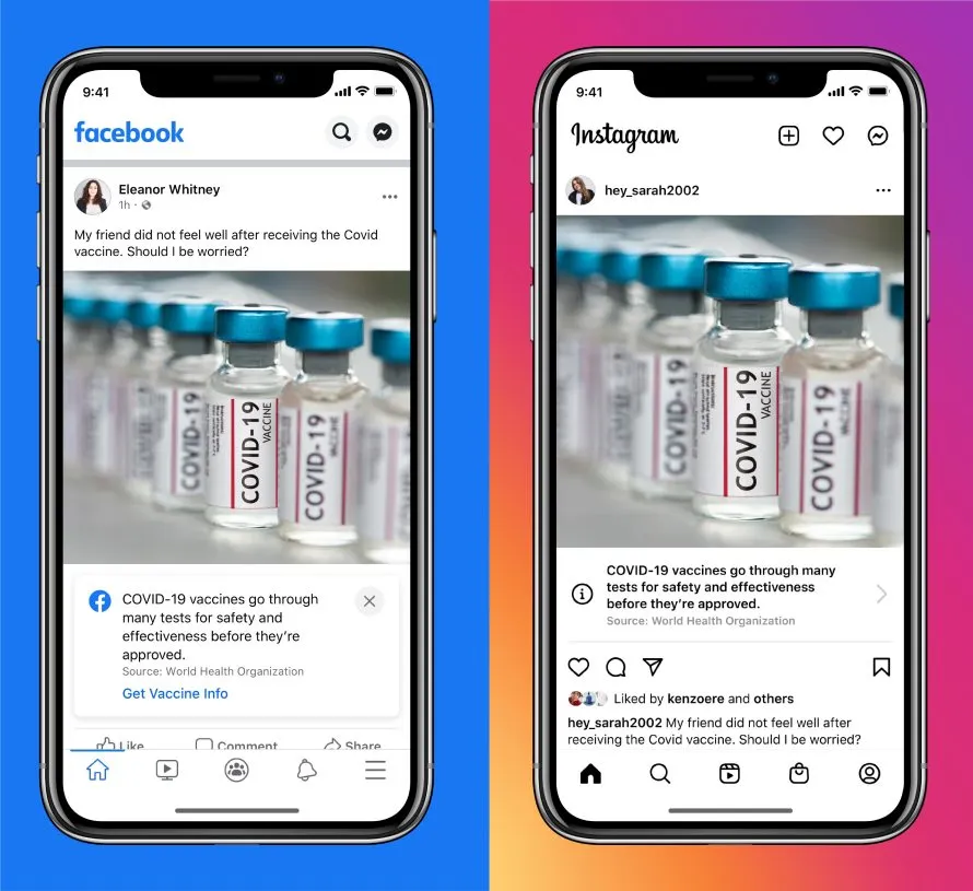 Screenshot of labels added to posts on Facebook and Instagram that discuss COVID-19 vaccines