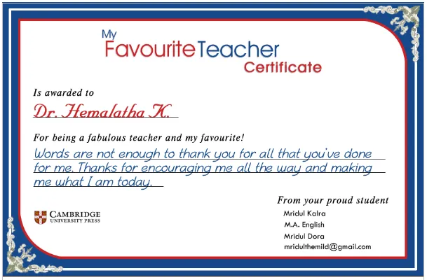 Cambridge University my favourite teacher certificate