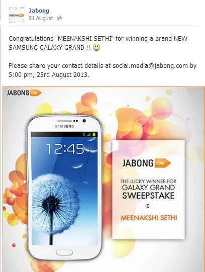 jabong contest on Facebook blooper