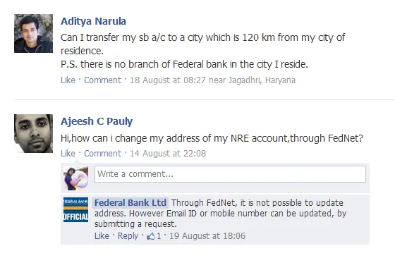federal bank facebook query