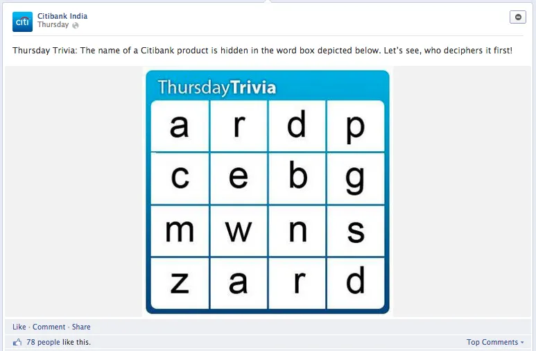 Citibank India Engagement post on facebook