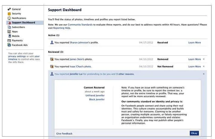 Facebook support dashboard