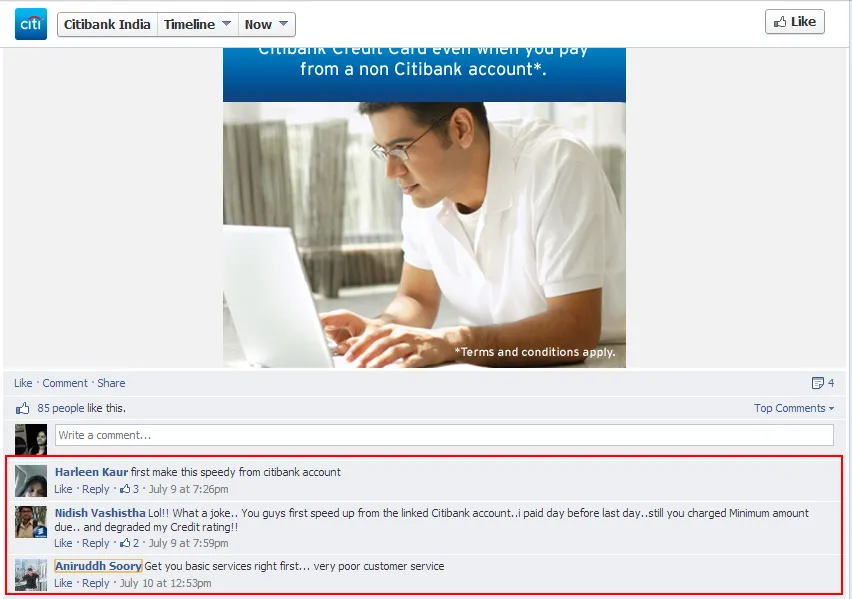 Citibank India facebook post negative comments