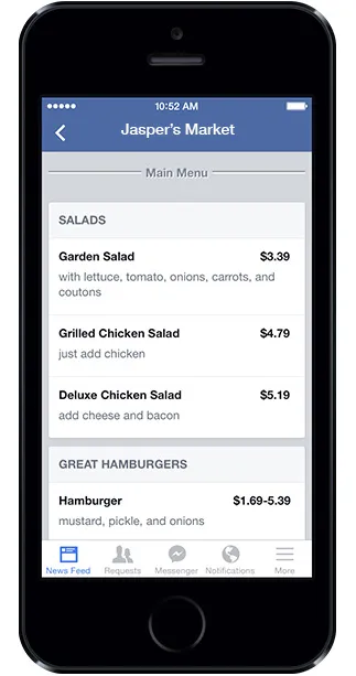 Facebook Restaurant Menu