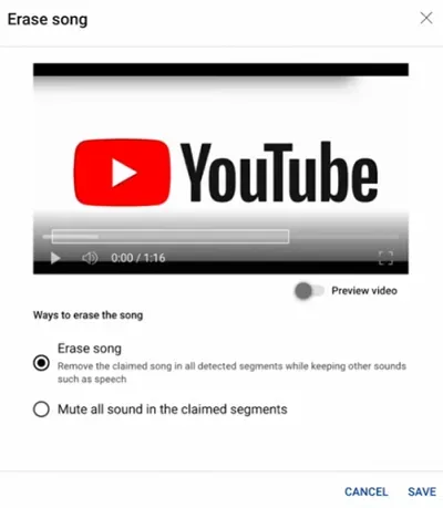 YouTube erase song