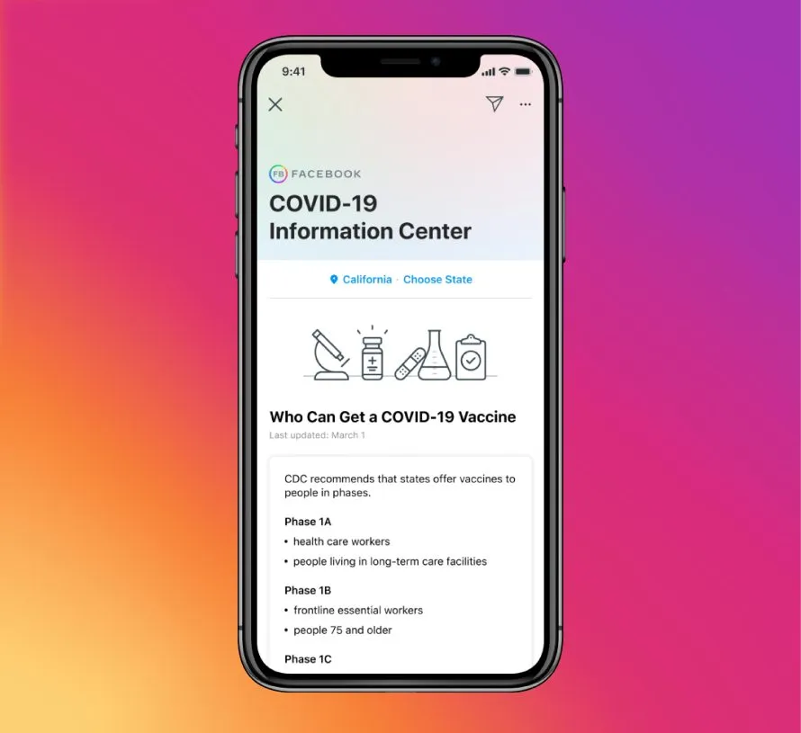 Screenshot of COVID-19 Information Center on Instagram