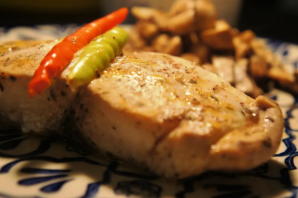 Grilled Peri Peri kingfish with Grilled Mushrooms and Couscous.