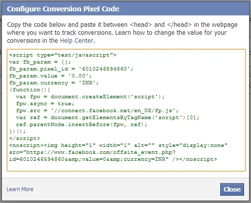 facebook conversation Pixel code