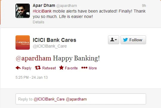 Twitter - ICICIBank_Care- @apardham Happy Banking!