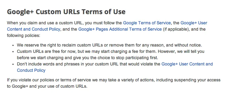 Google+custom url's terms