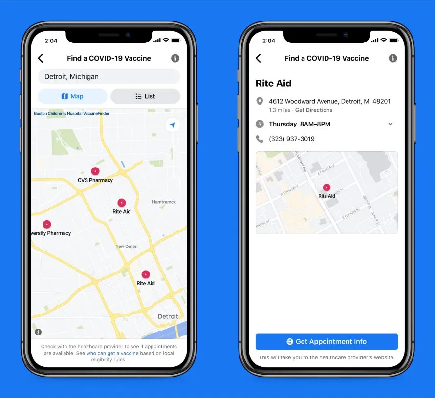Screenshots of vaccine finder tool on Facebook