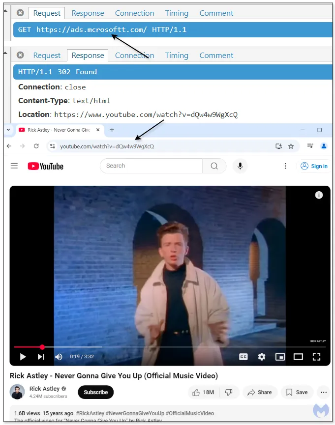 Figure 5: Rickroll redirect