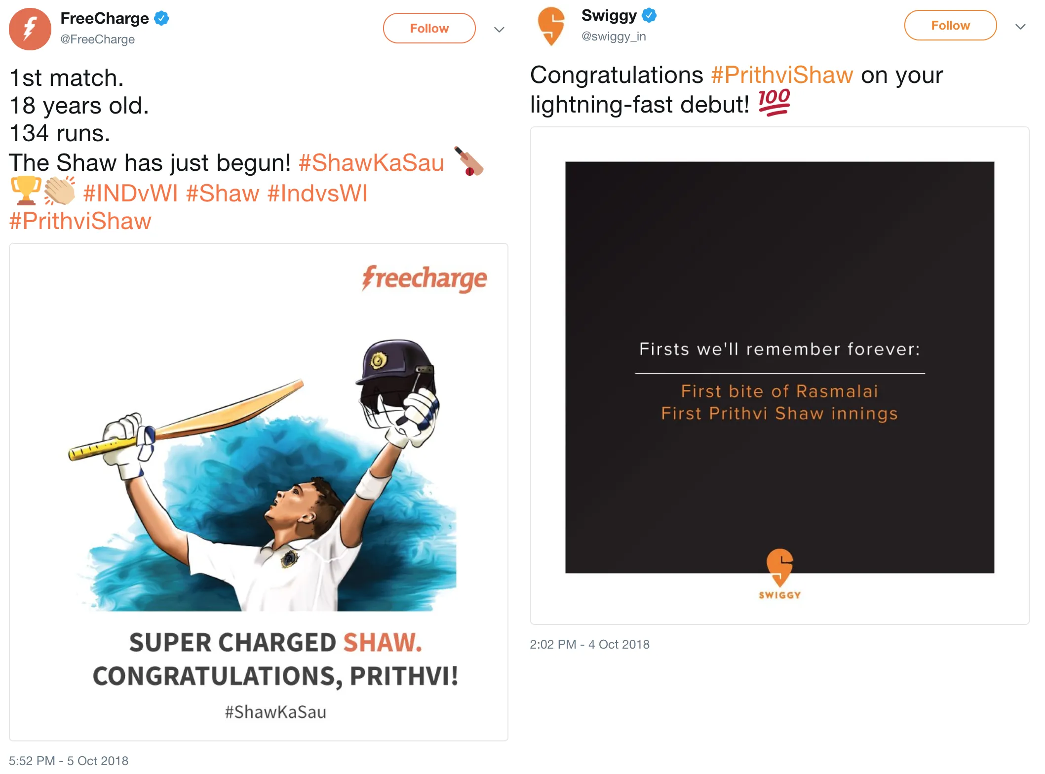 Prithvi Shaw Freecharge Swiggy