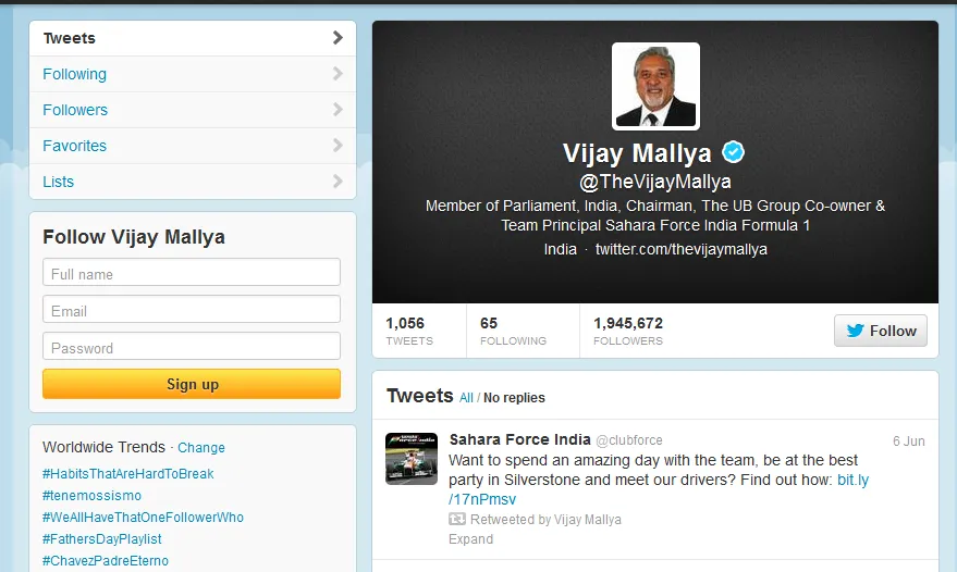 Vijay Mallya Twitter Profile