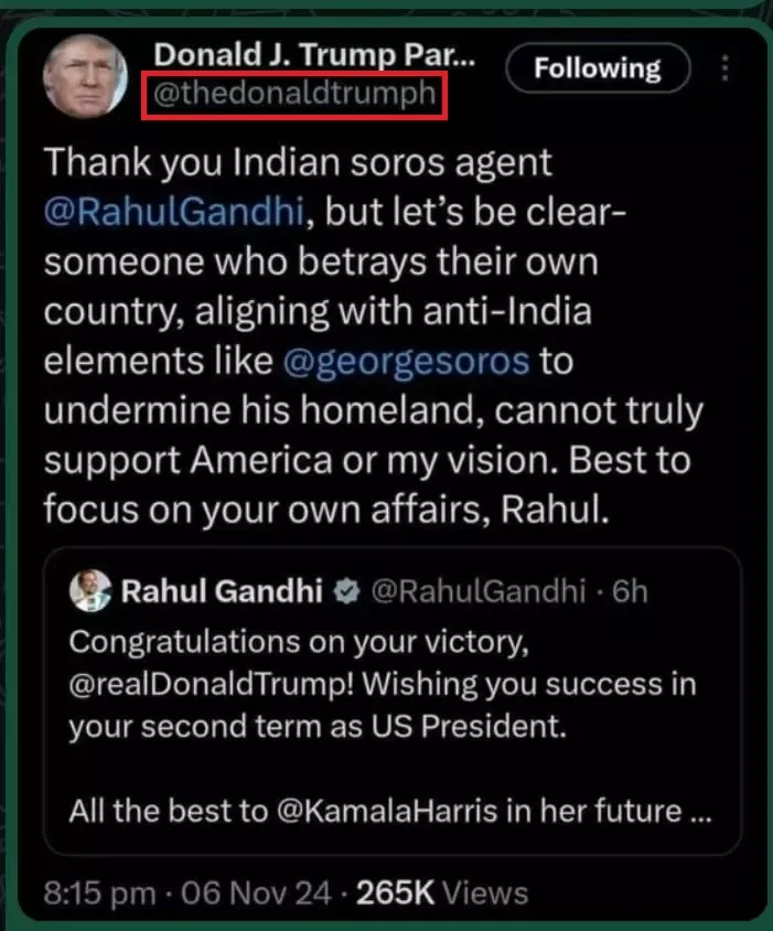 Donald Trump x post calling Rahul Gandhi a George Soros 