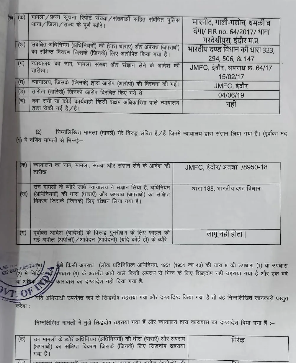Indore Jeetu Yadav Affidavit