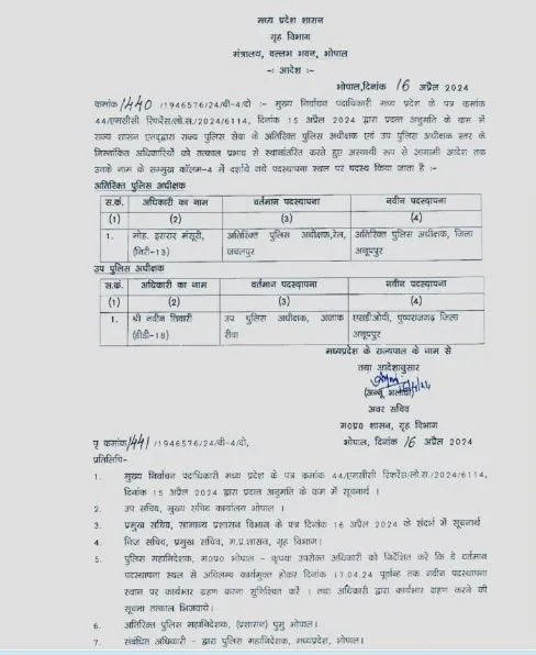 Transfer of police officers before the first phase of voting in MP Lok Sabha elections.