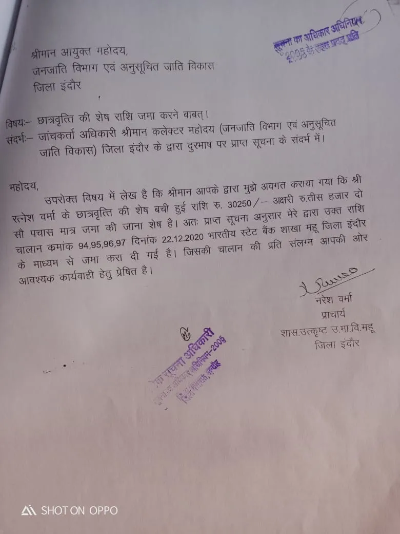 प्राचार्य नरेश वर्मा द्वारा आपके छात्रवृत्ति की धनराशि शासन को लौटाने का पत्र