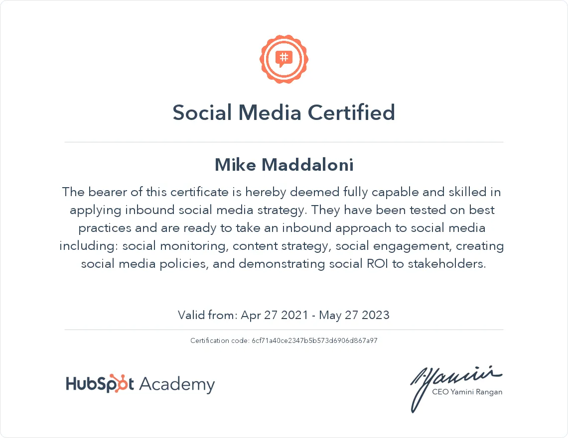 HubSpot Academy Social Media Marketing Certification