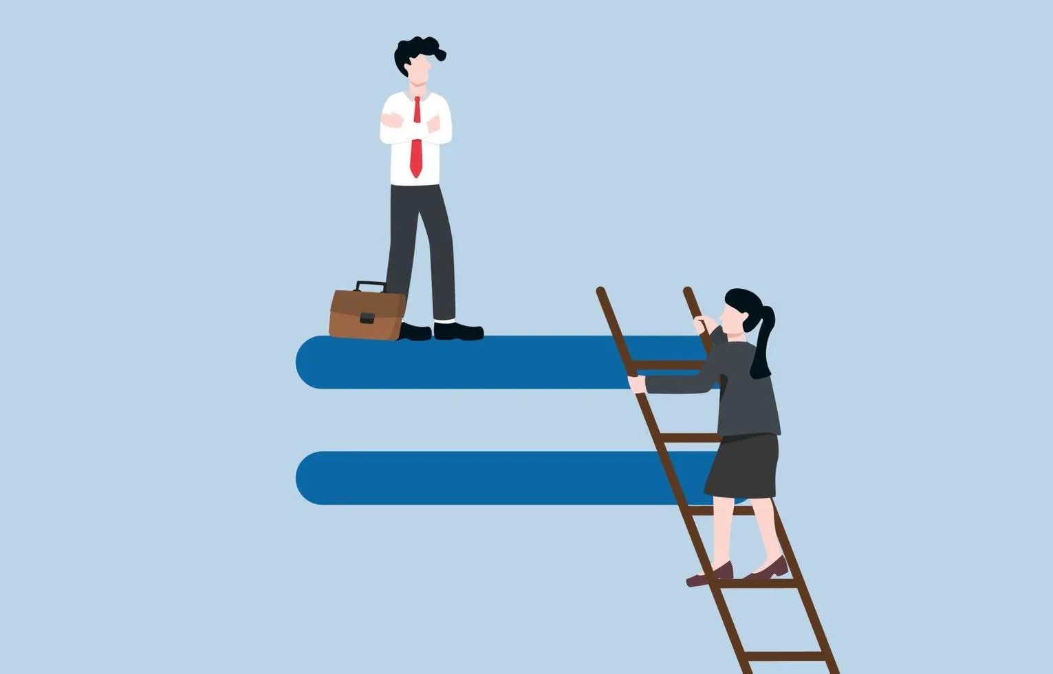 Gender inequality in office, challenge of woman to be accepted in  organization, discrimination against lady, Businessman stand on equality  sign while businesswoman climb up stair to reach same level. 11483901  Vector Art