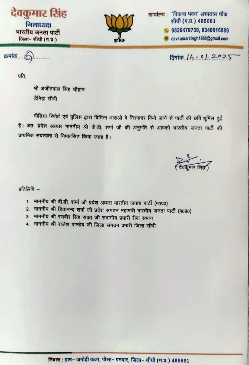 भाजपा ने लेटर जारी कर किया निष्कासित।