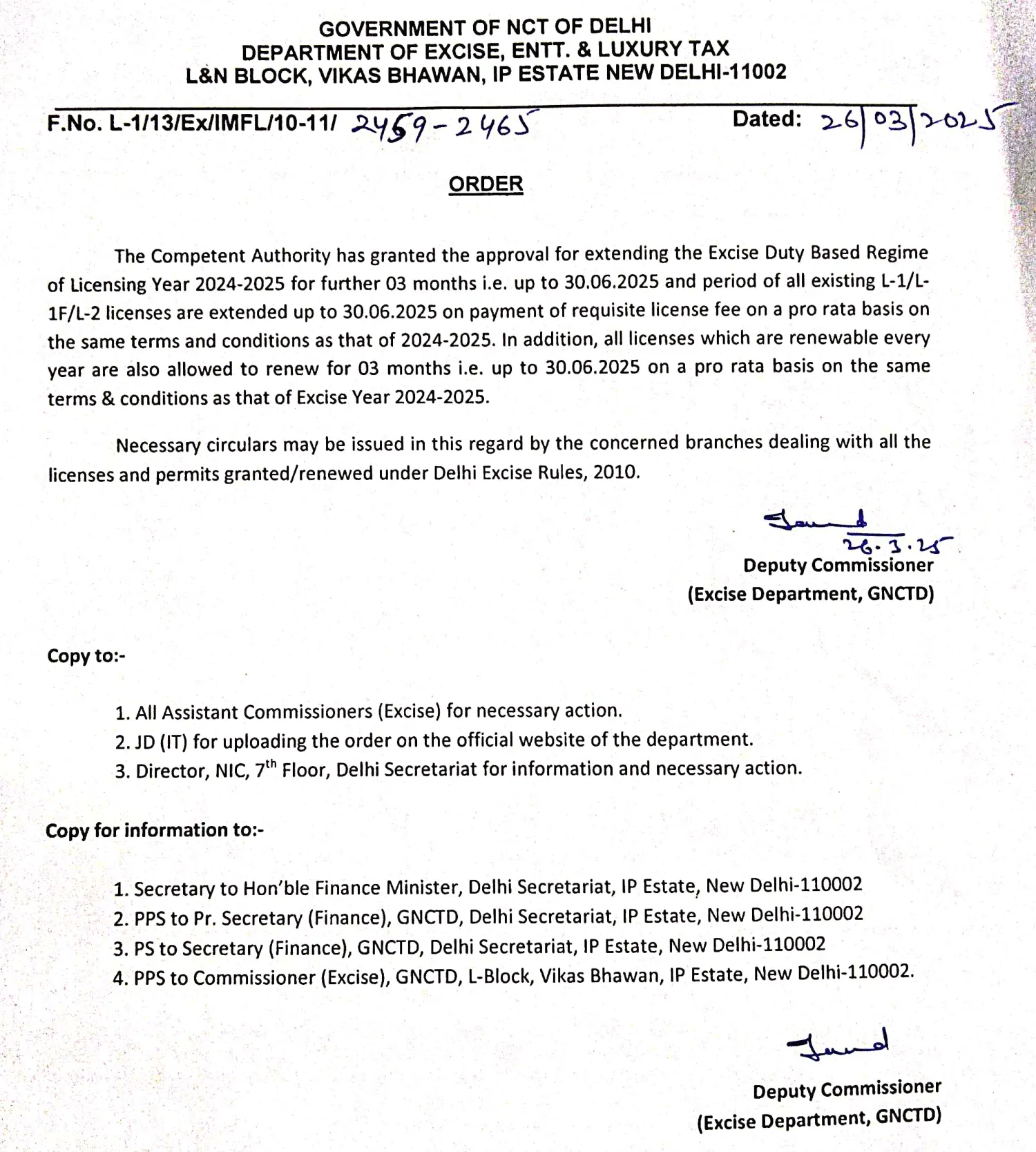 excise duty order (No. L-113ExlIMFL10-112459-2465)