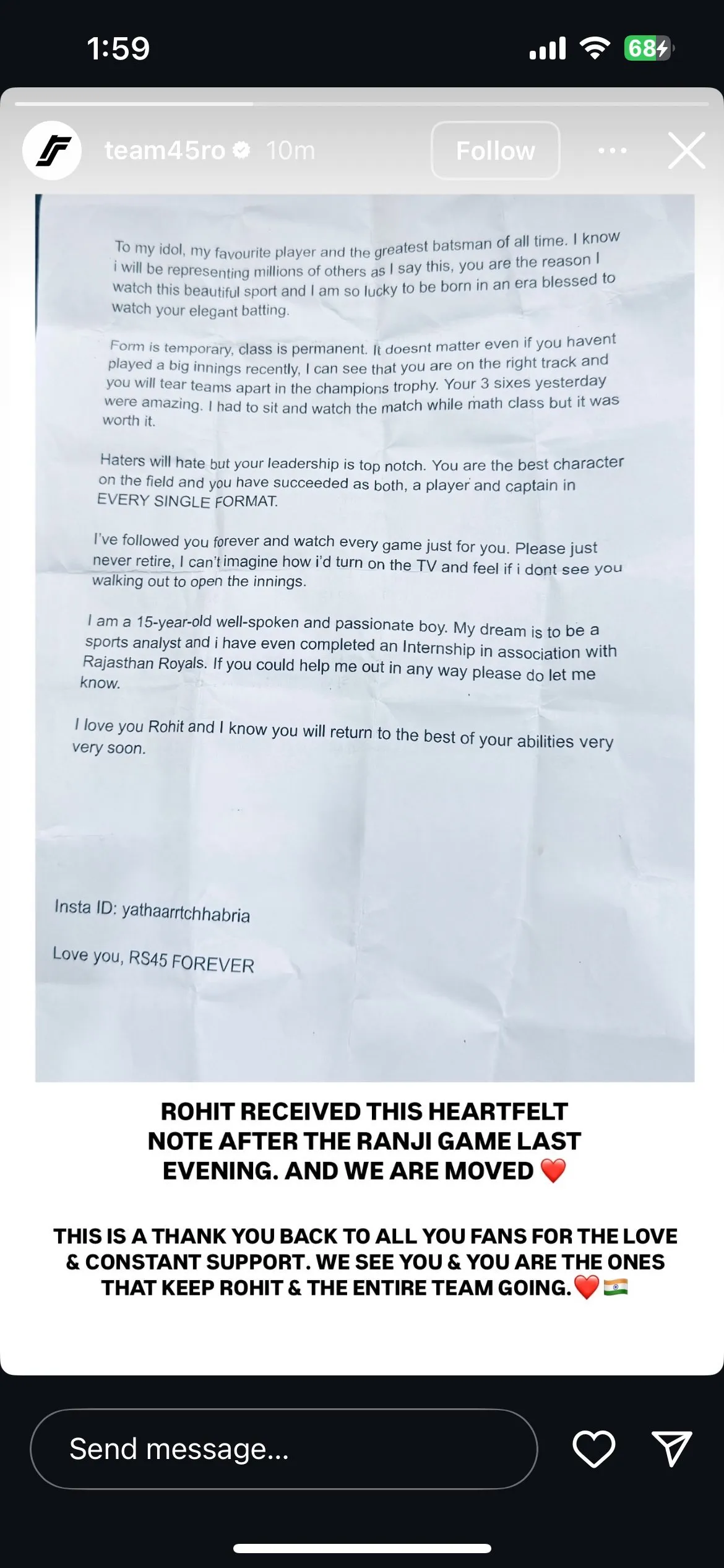 Rohit Sharma's fan writes emotional note to idol