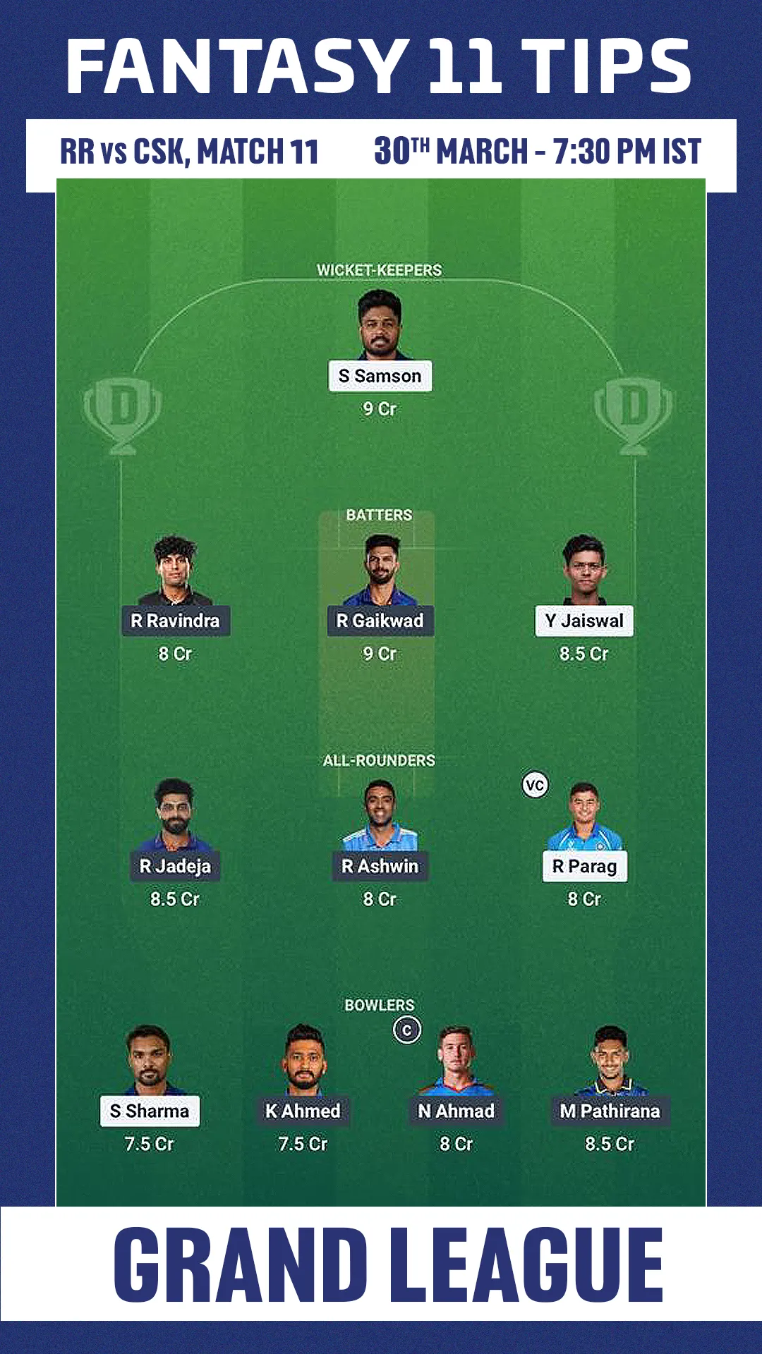 RR VS CSK Dream 11 Grand League