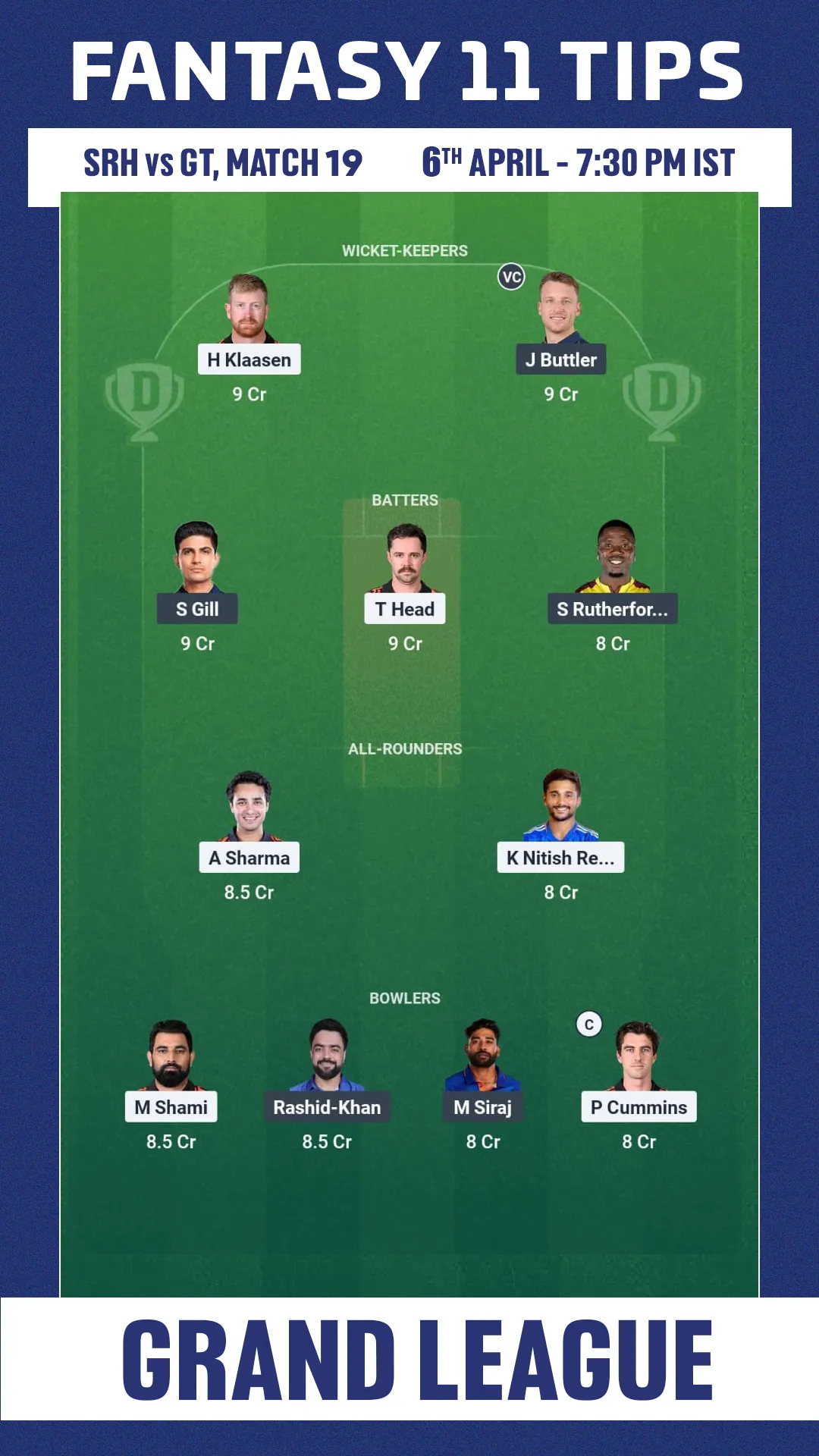 SRH vs GT DREAM 11 Prediction