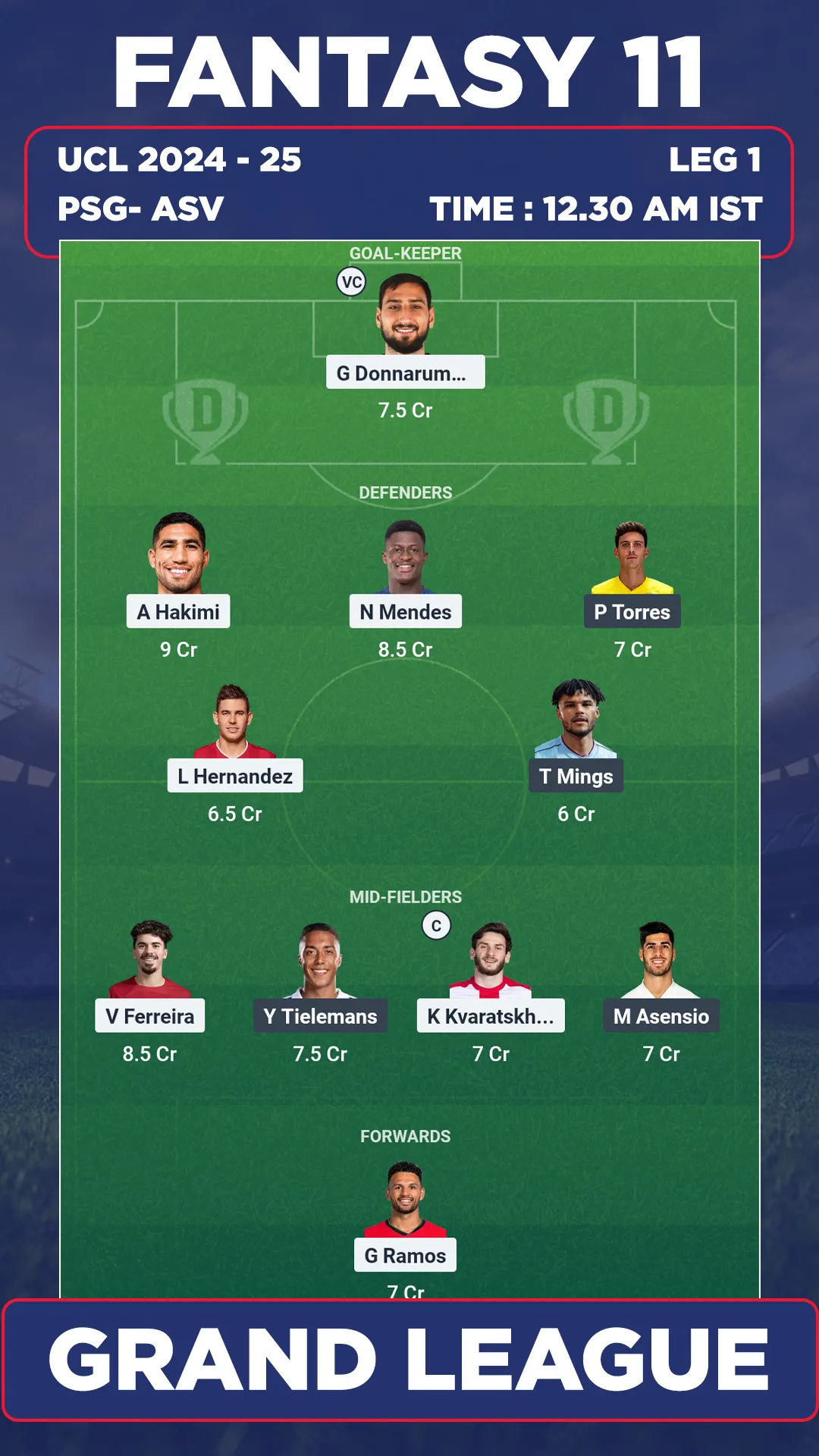 PSG vs ASV Dream 11 Grand League