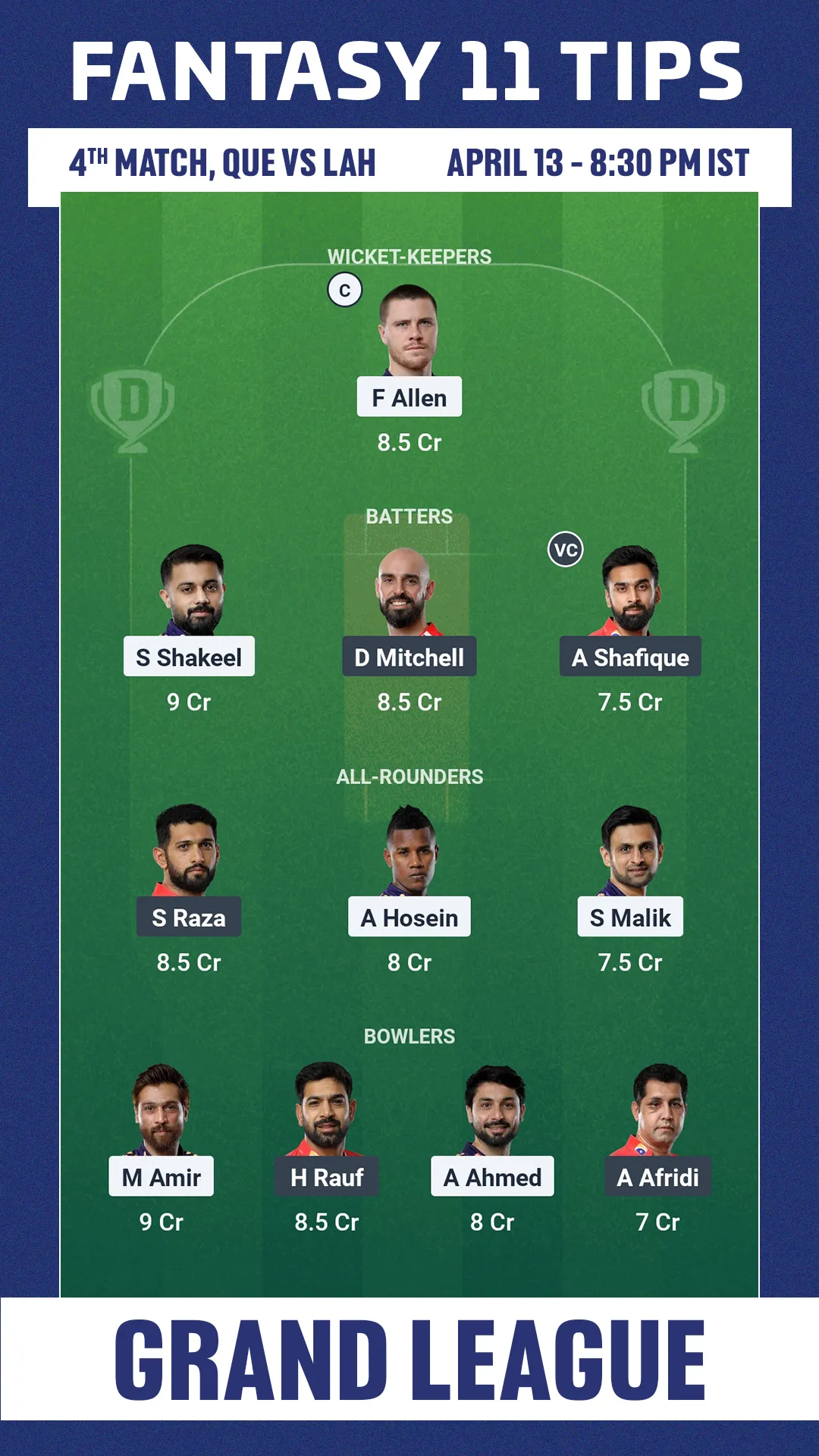 QUE vs LAH Dream11 prediction