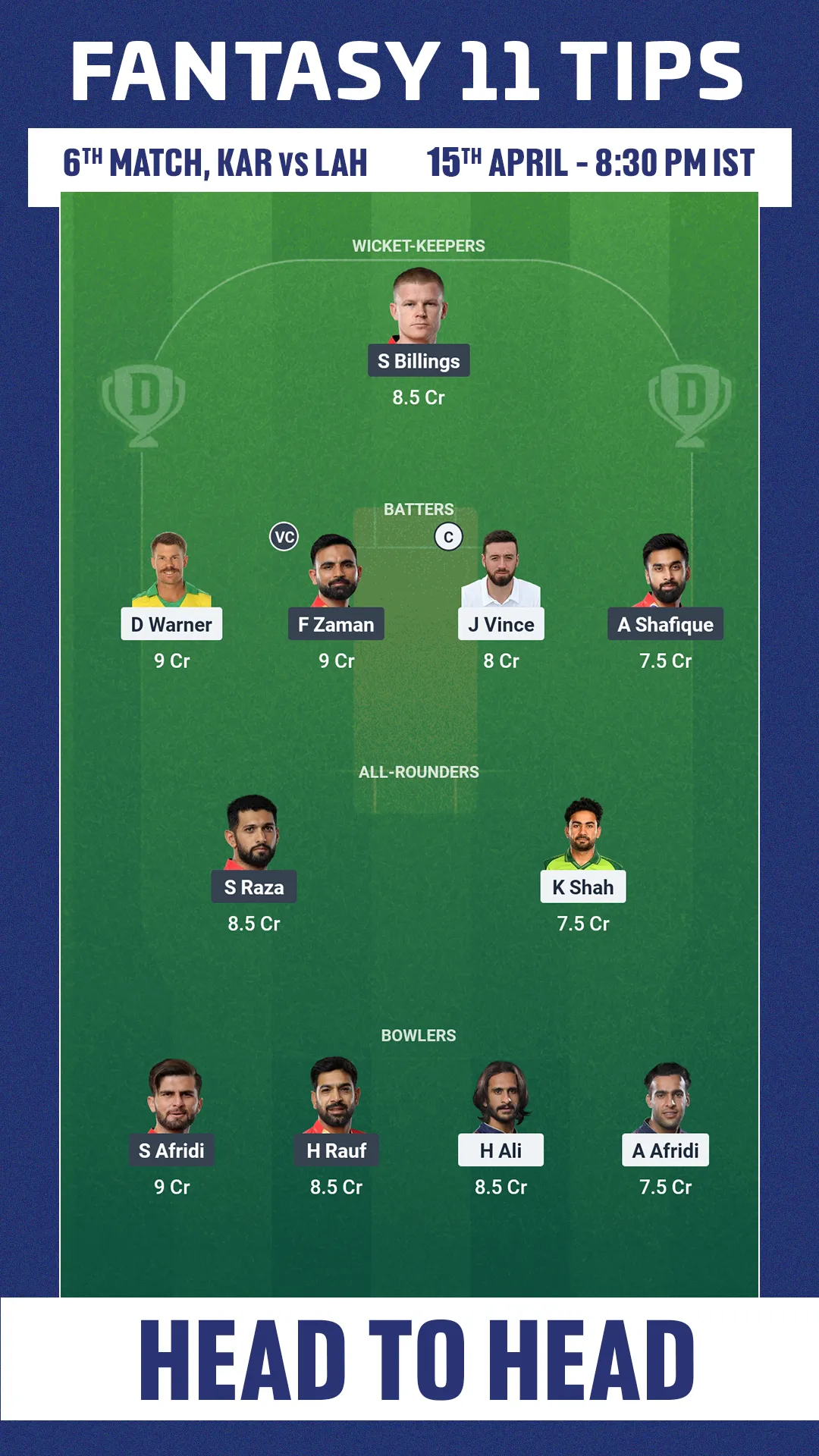 KAR vs LAH Dream 11 