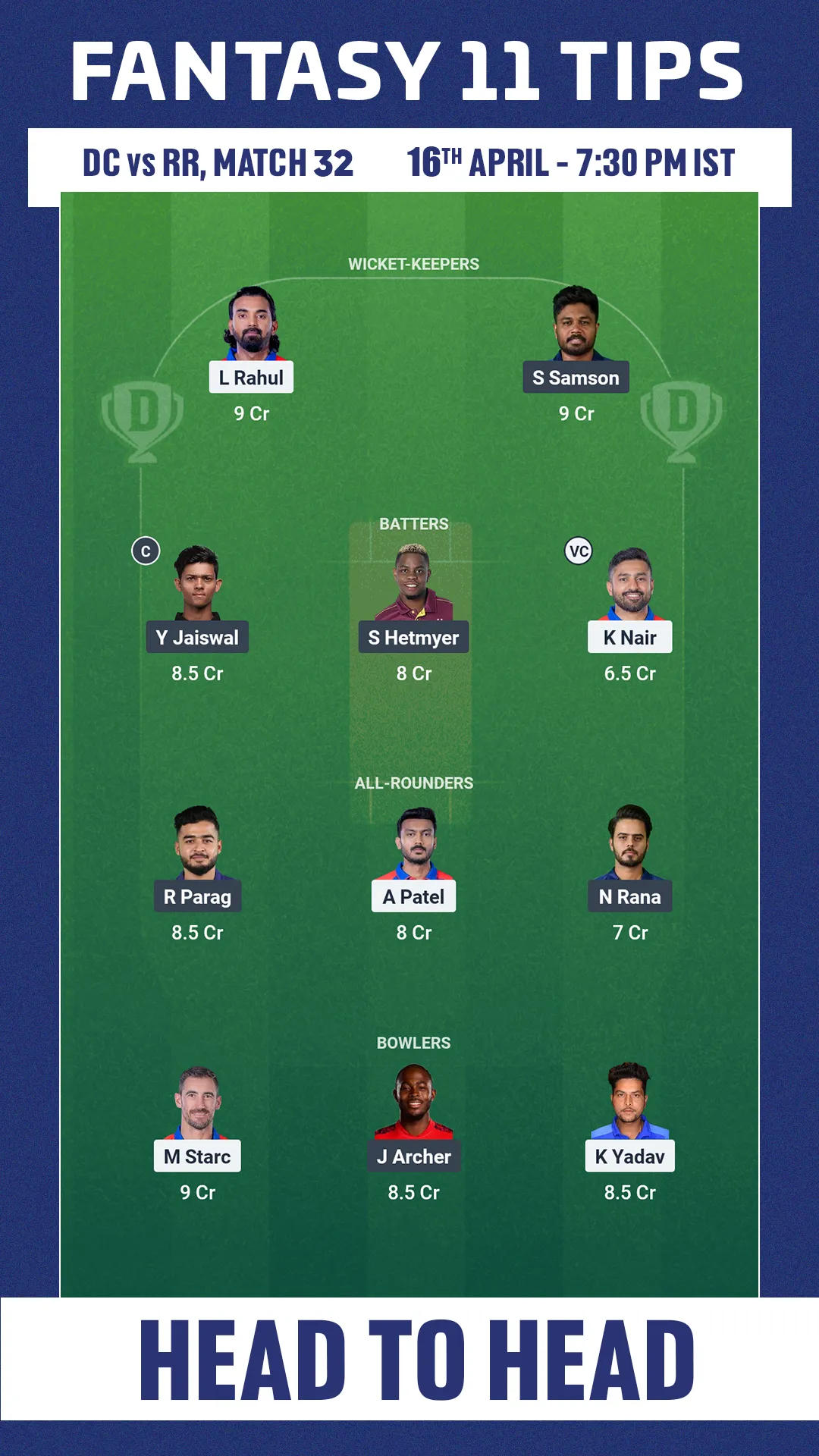 DC VS RR DREAM 11 PREDICTION
