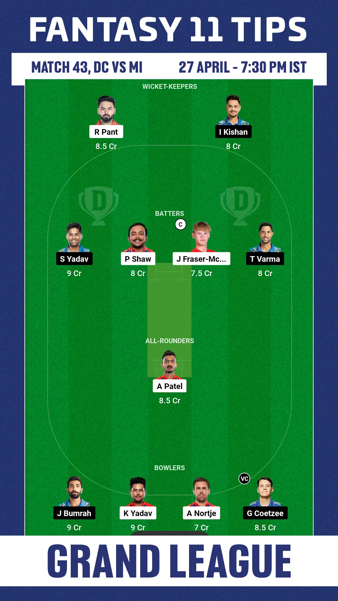 DC vs MI Dream11