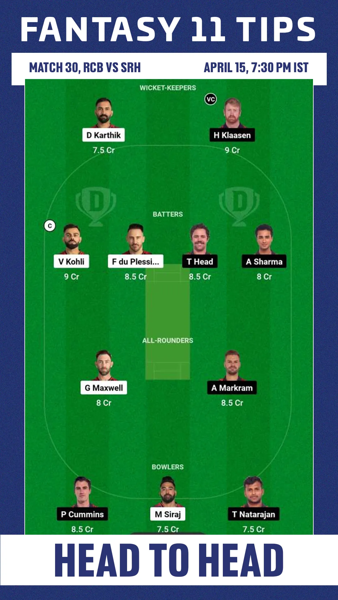 RCB vs SRH Dream11