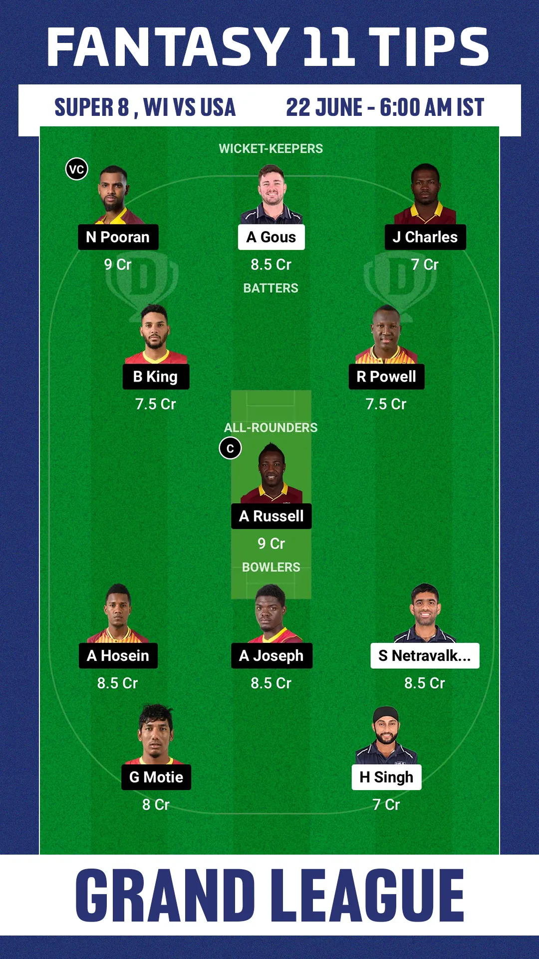 WI vs USA Dream11 Team1