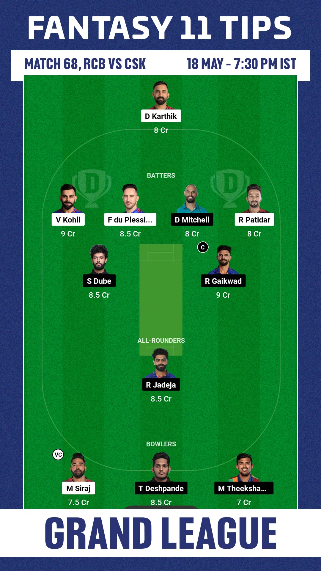 RCB vs CSK Dream11 Team1