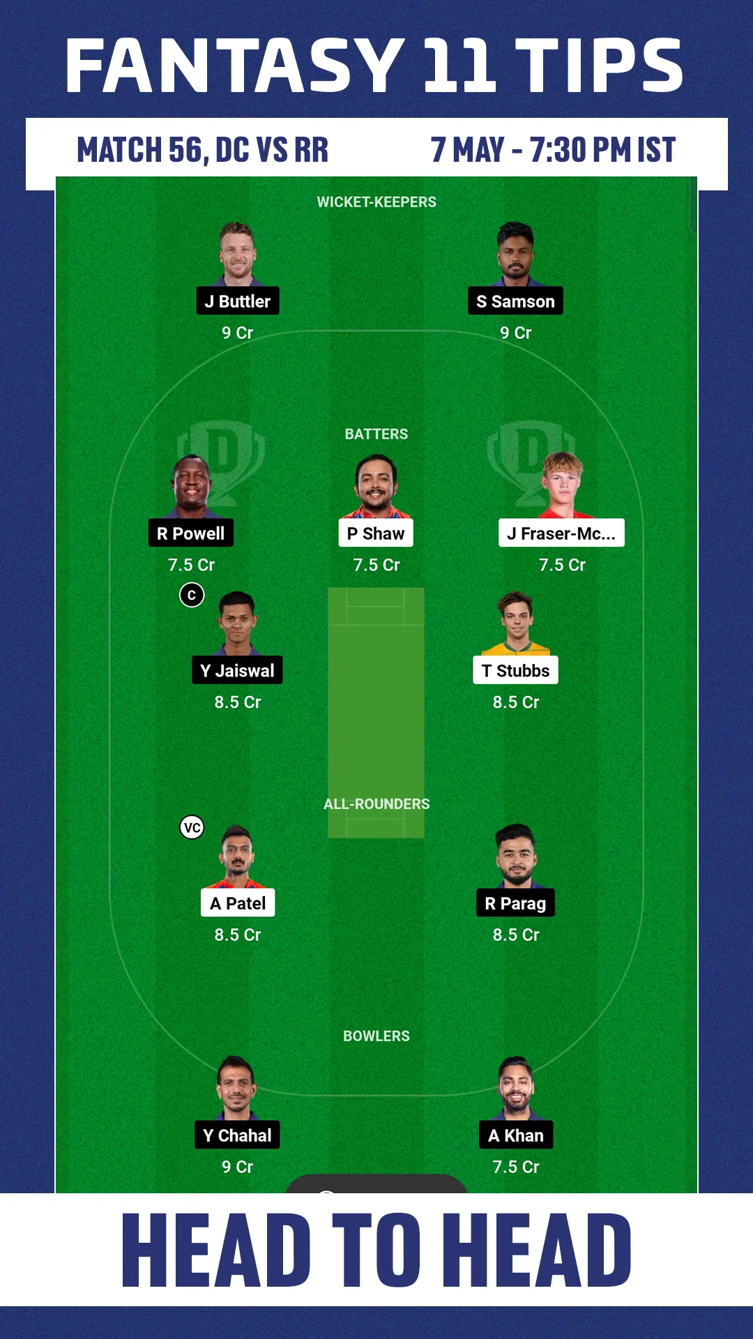 DC vs RR Dream11