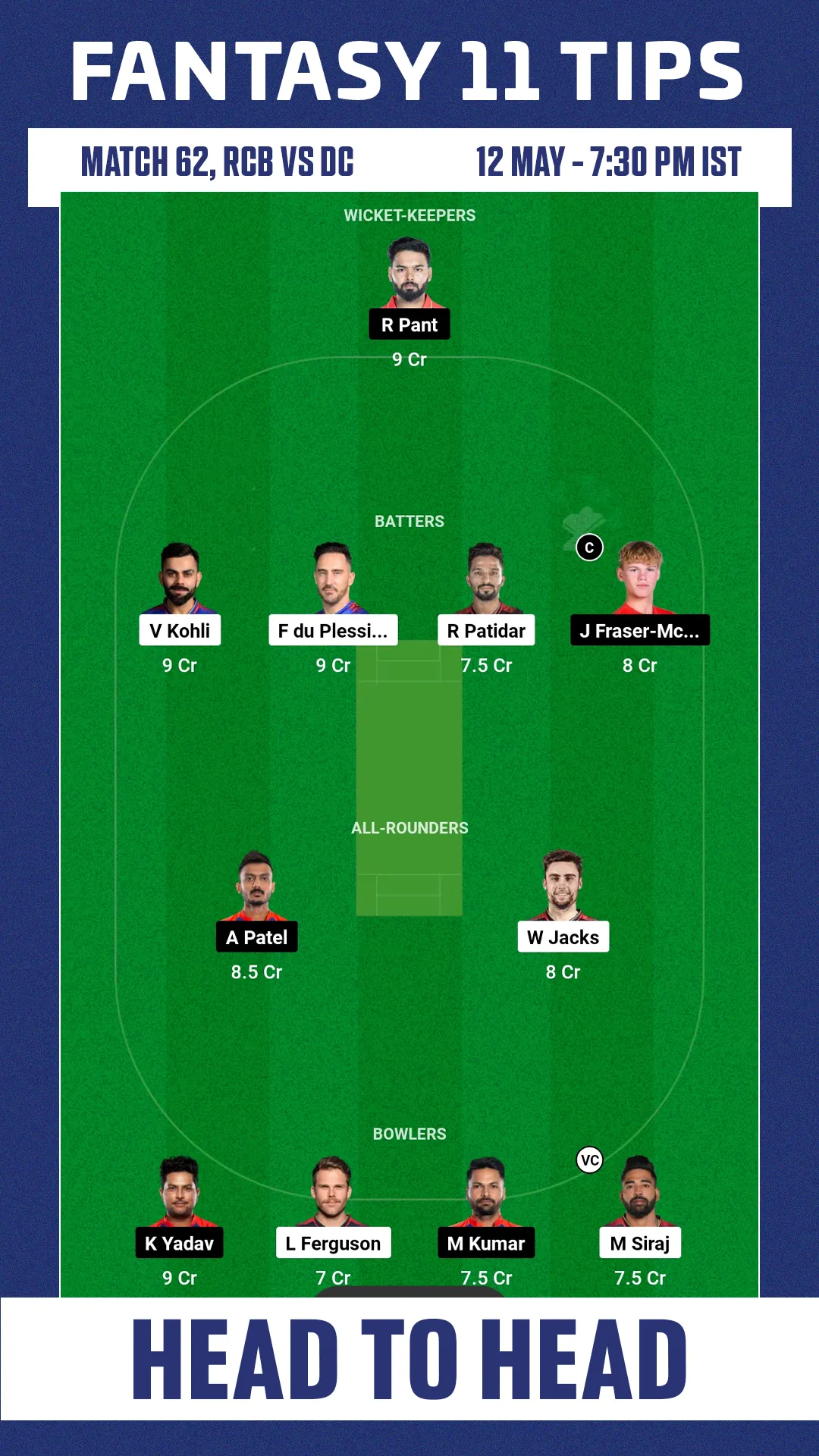 RCB vs DC Dream11