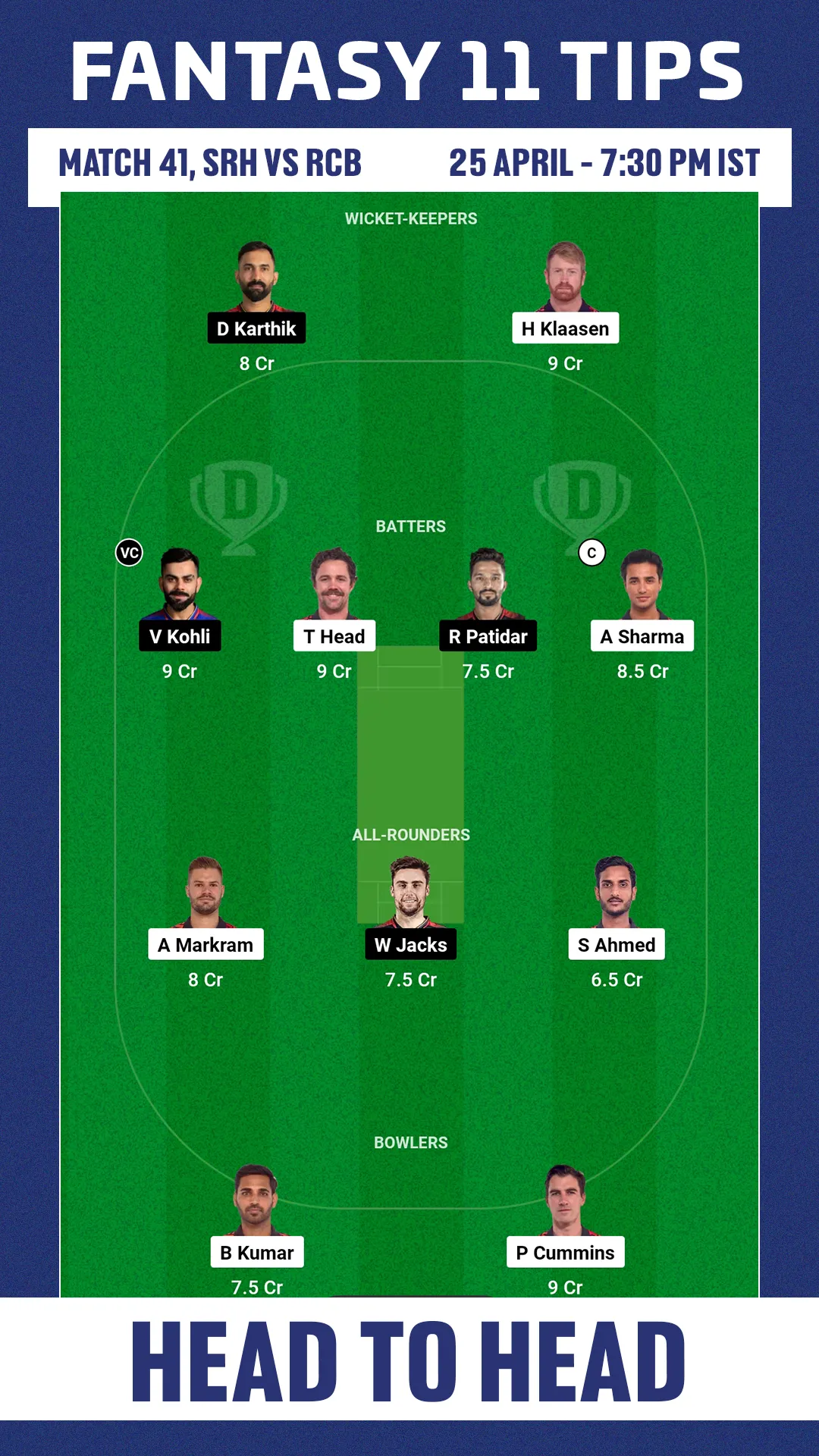 SRH vs RCB Dream11