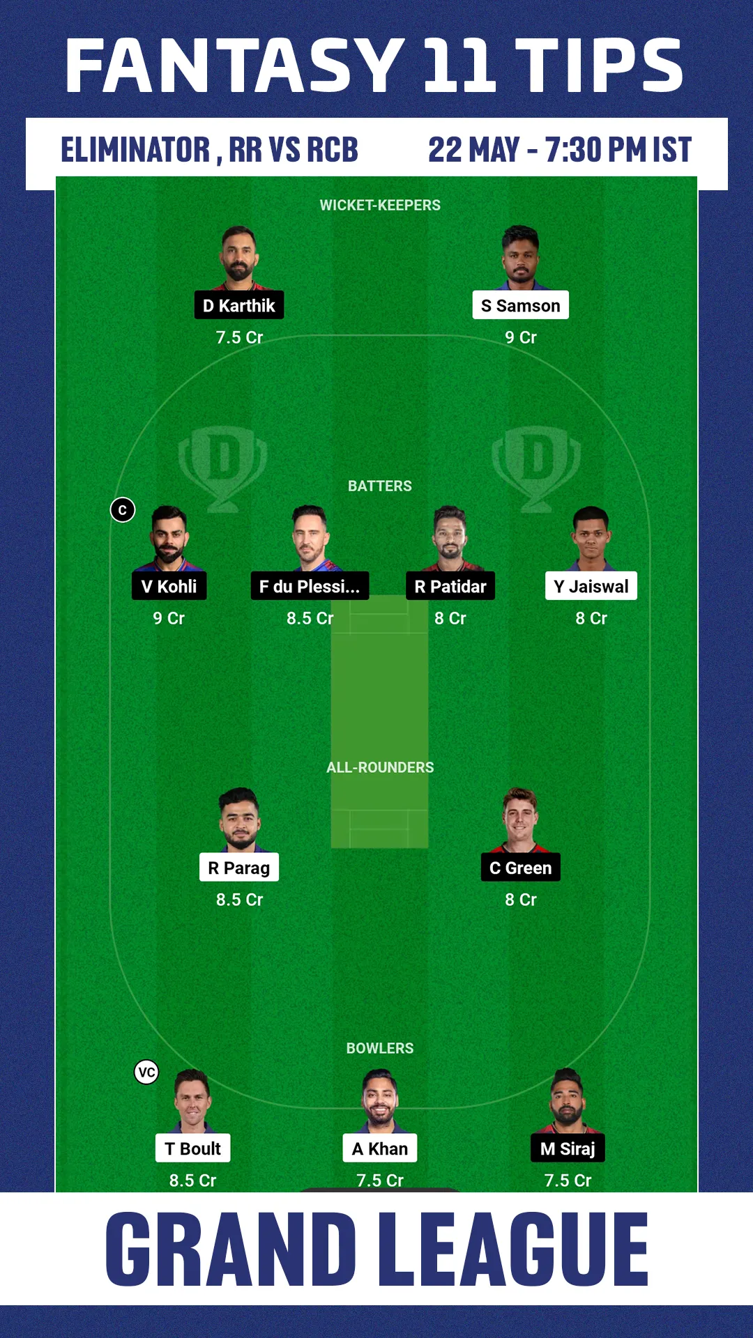 RR vs RCB Dream11 Team1