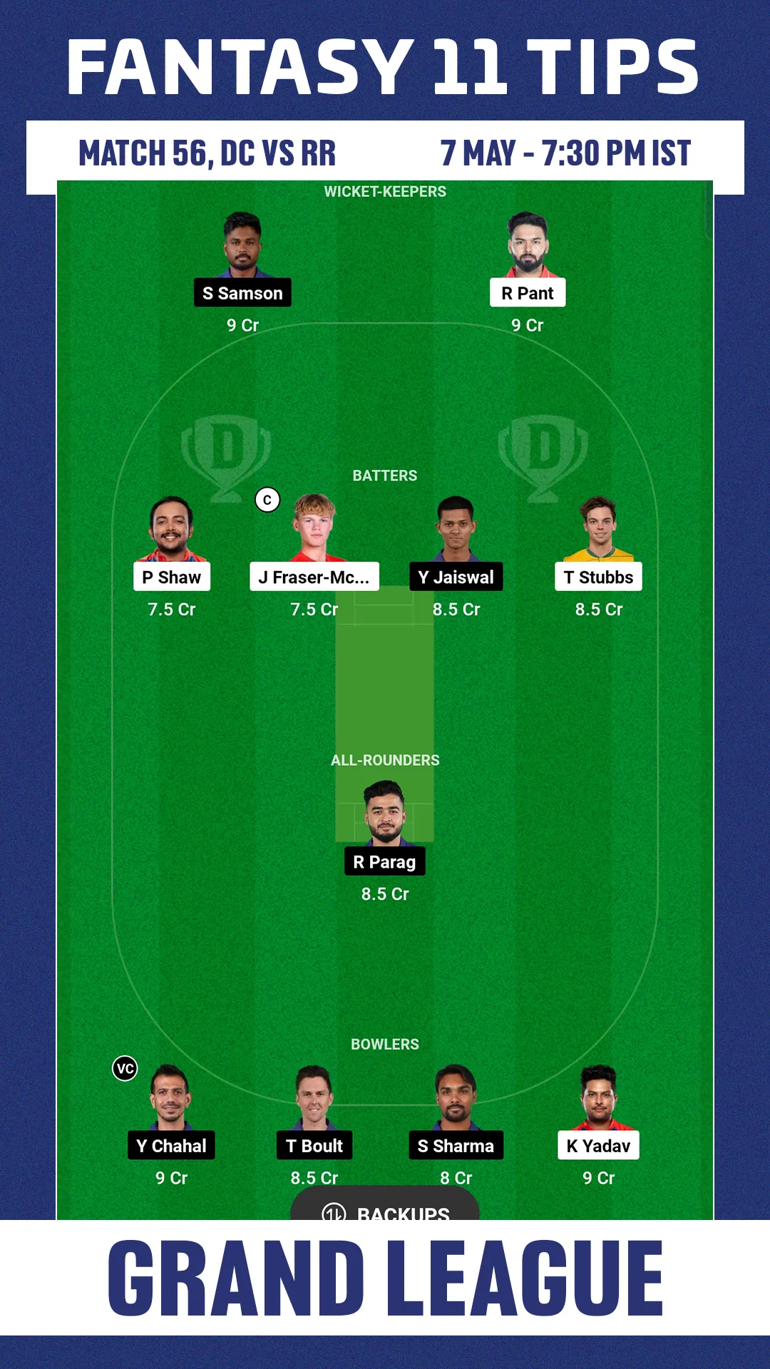 DC vs RR Dream11