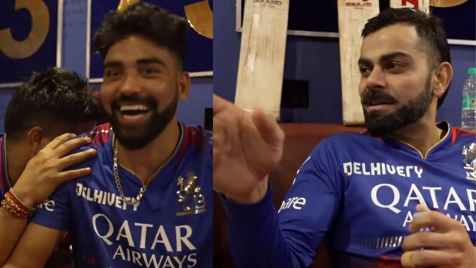 Watch] "Bol, mujhe sirf stump dikhra" - Virat Kohli, Karn Sharma pull  Mohammed Siraj's leg for his post-match speech after RCB vs DC in IPL 2024