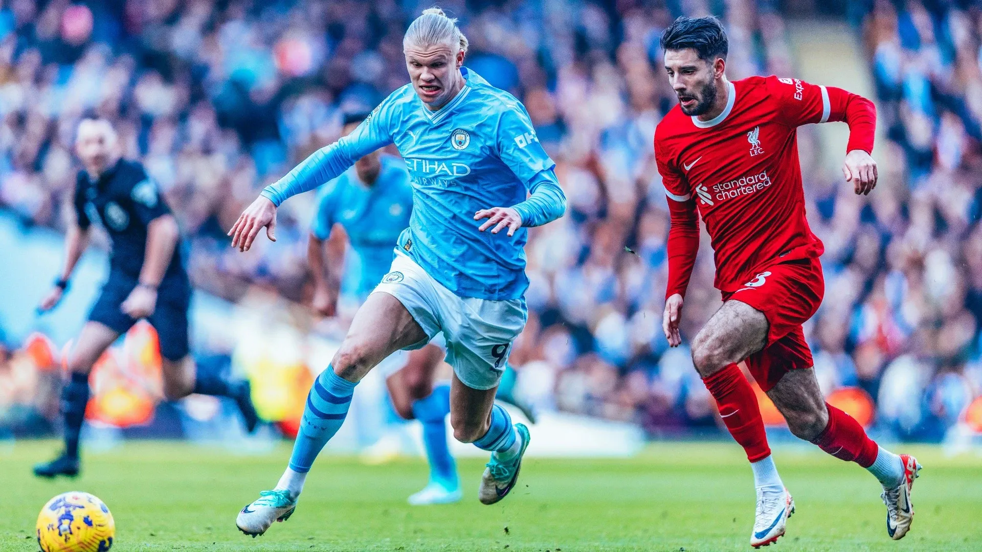 Haaland scoring his 50th premier league goal