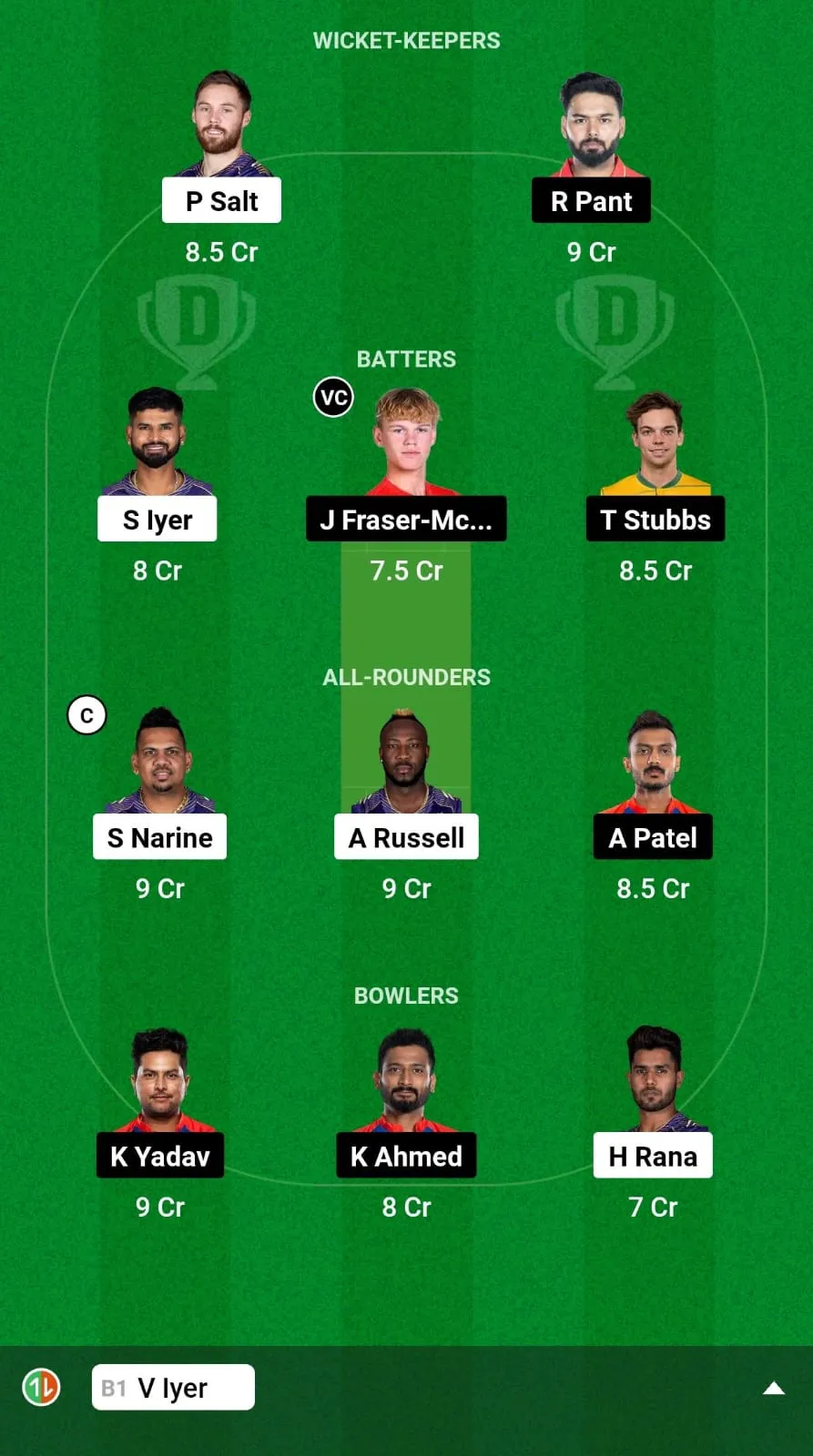 KKR vs DC Fantasy Team Prediction